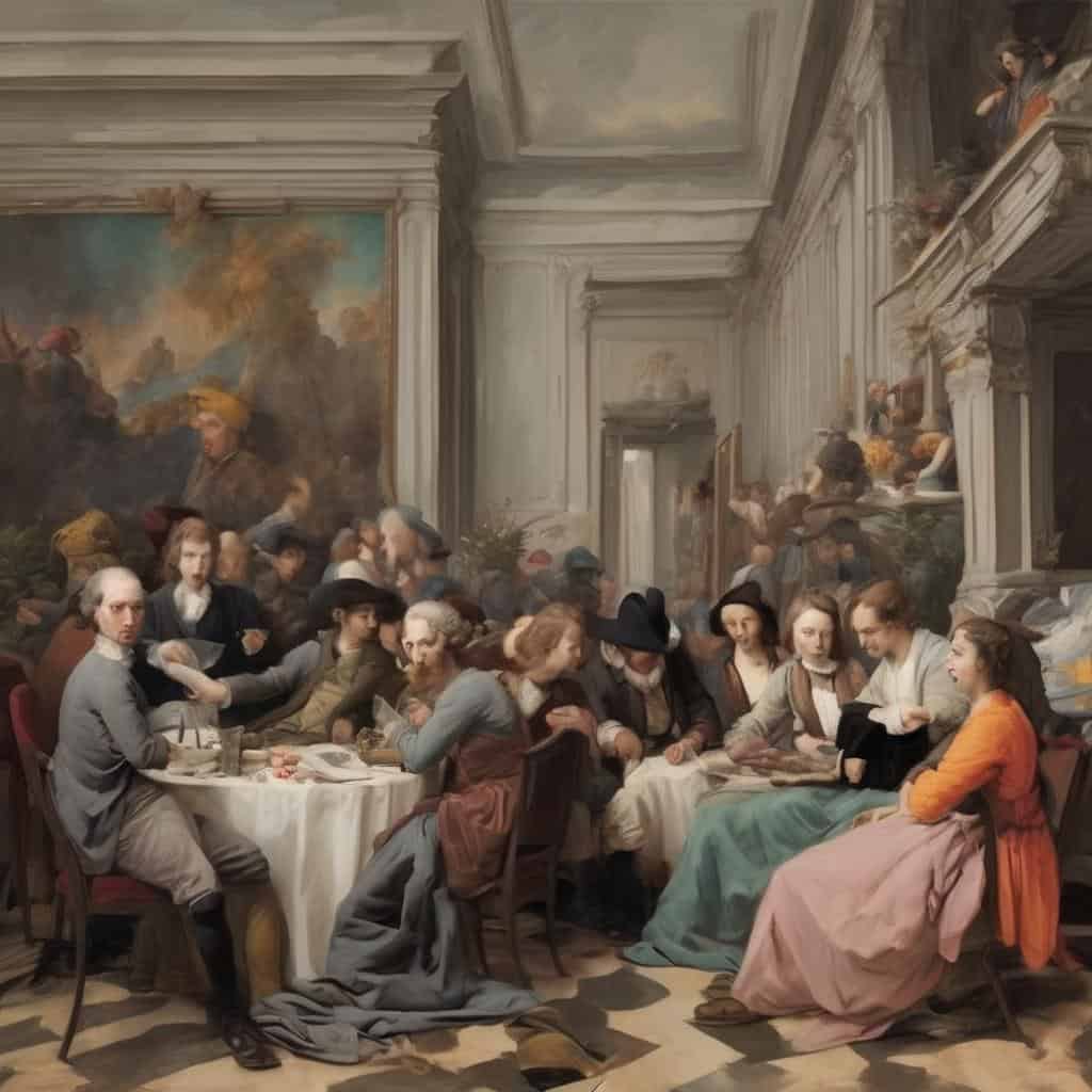 Πίνακας με καλλιτεχνικά ρεύματα και ιστορικές σχέσεις, ζωγραφική αναπαράσταση κοινωνικής συγκέντρωσης.