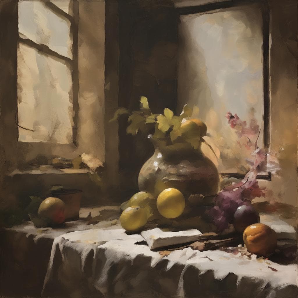 Πίνακας still life με φρούτα και λουλούδια σε φωτισμένο παράθυρο, δείχνει καλλιτεχνικά ρεύματα και ιστορικές σχέσεις.