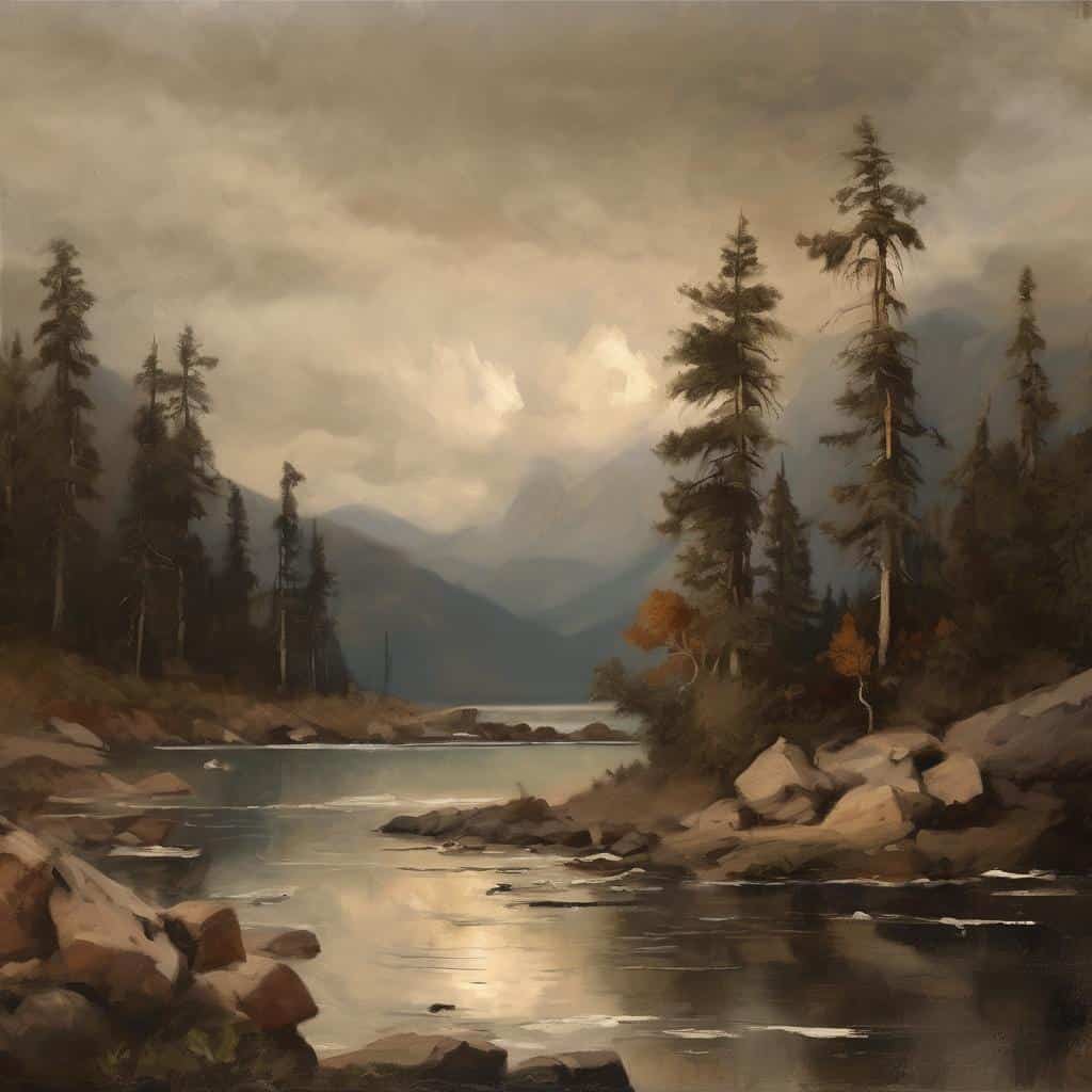 Ουαλικό τοπίο με λίμνη και πεύκα, σχετικά με καλλιτεχνικά ρεύματα και ιστορικές σχέσεις στη ζωγραφική.