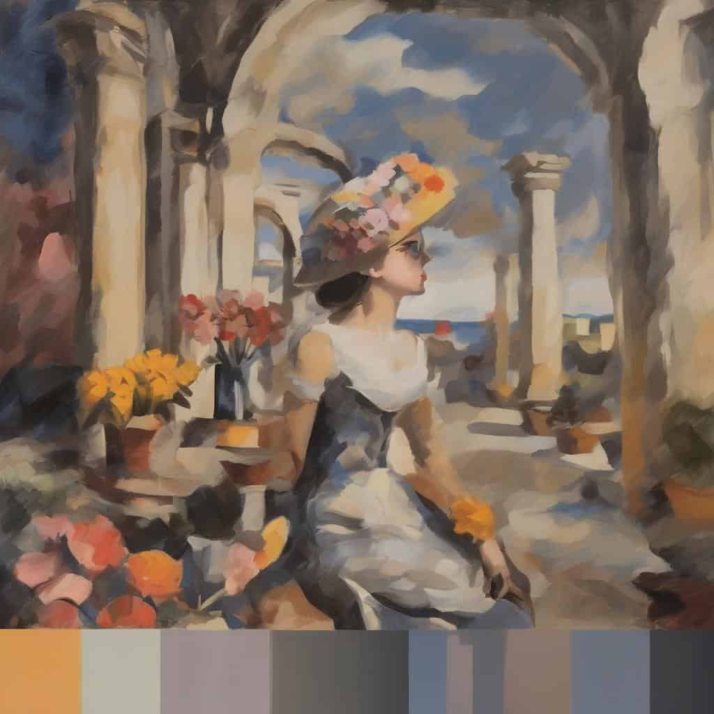 Θερινή γυναίκα με καπέλο σε αρχαίο ηλιοφάνεια, καλλιτεχνικά ρεύματα και ιστορικές σχέσεις, ζωγραφική έργο.